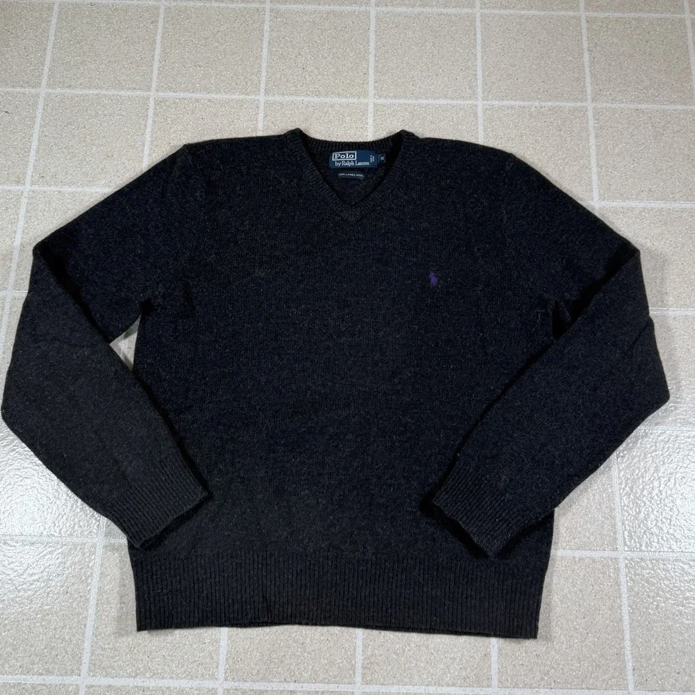 Vintage Polo Ralph Lauren Sweater Sz M Charcoal Gray Lambswool V Neck Cabincore